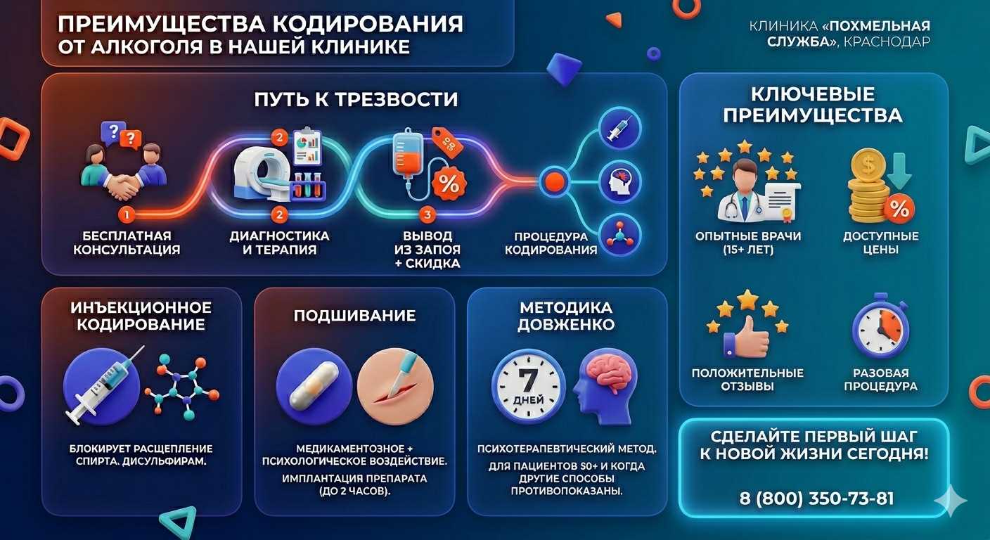 Инфографика о методах кодирования от алкоголя в Мамонтово: инъекции, подшивание, метод Довженко. Преимущества клиники и этапы лечения.